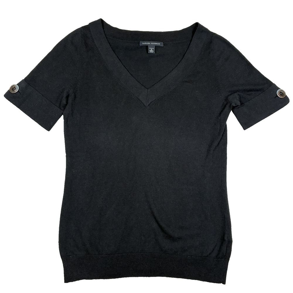 Banana Republic Cotton Silk Cashmere Knit Sweater Black V Neck Y2K Petite S (XS)